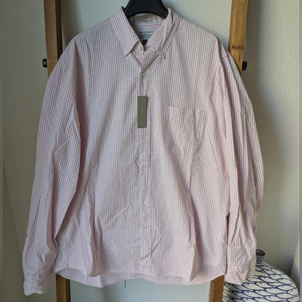 NWT J.Crew Men's Pink & White Checkered Classic Stretch Button Down Shirt-Size L